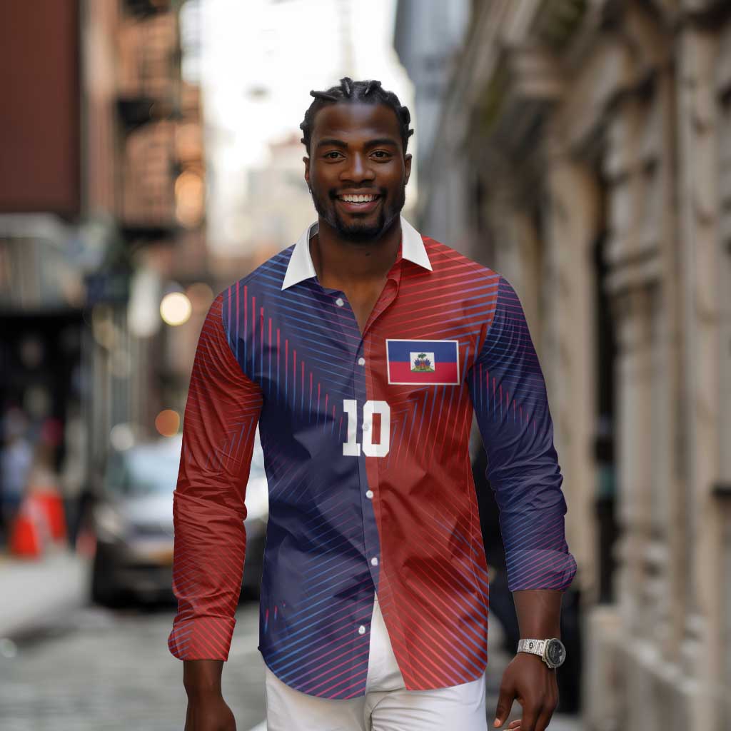 Custom Haiti National Football Long Sleeve Button Shirt Red Blue The Half Sporty Design - Wonder Print Shop