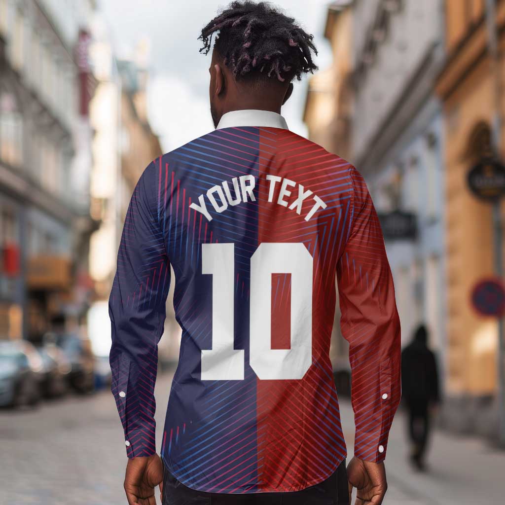 Custom Haiti National Football Long Sleeve Button Shirt Red Blue The Half Sporty Design - Wonder Print Shop