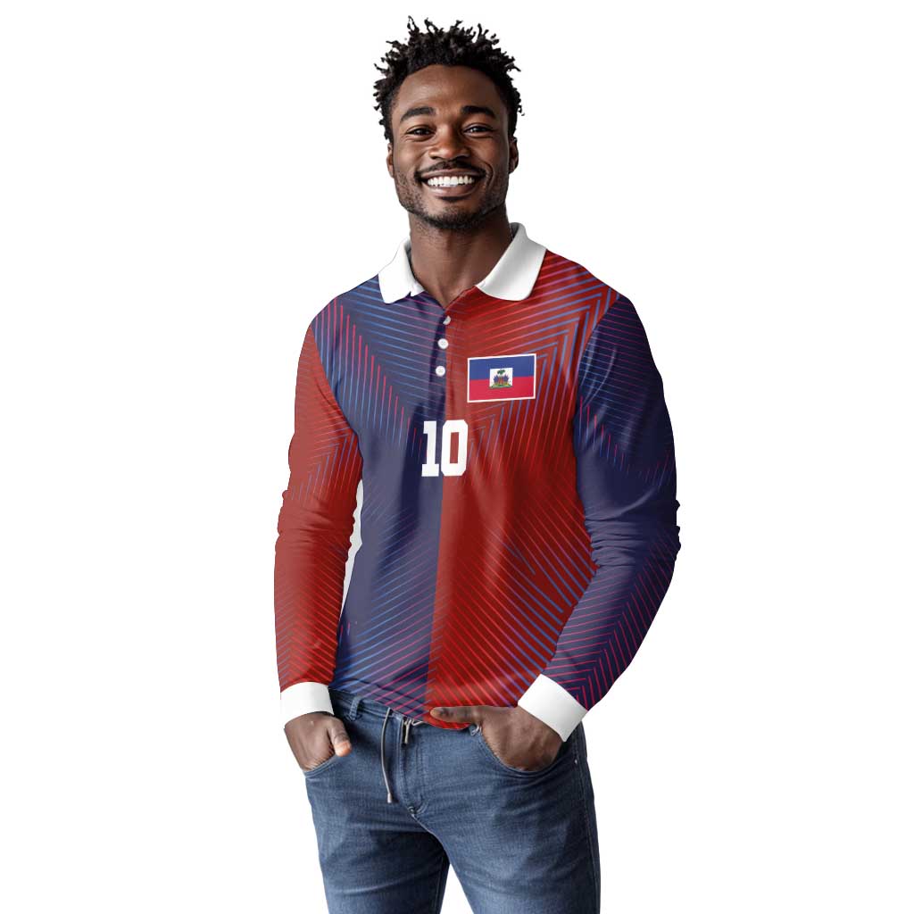 Custom Haiti National Football Long Sleeve Polo Shirt Red Blue The Half Sporty Design - Wonder Print Shop