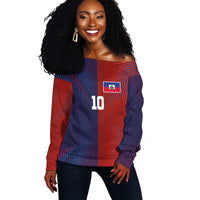 Custom Haiti National Football Off Shoulder Sweater Red Blue The Half Sporty Design - Wonder Print Shop