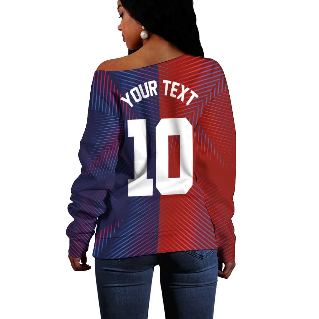 Custom Haiti National Football Off Shoulder Sweater Red Blue The Half Sporty Design - Wonder Print Shop
