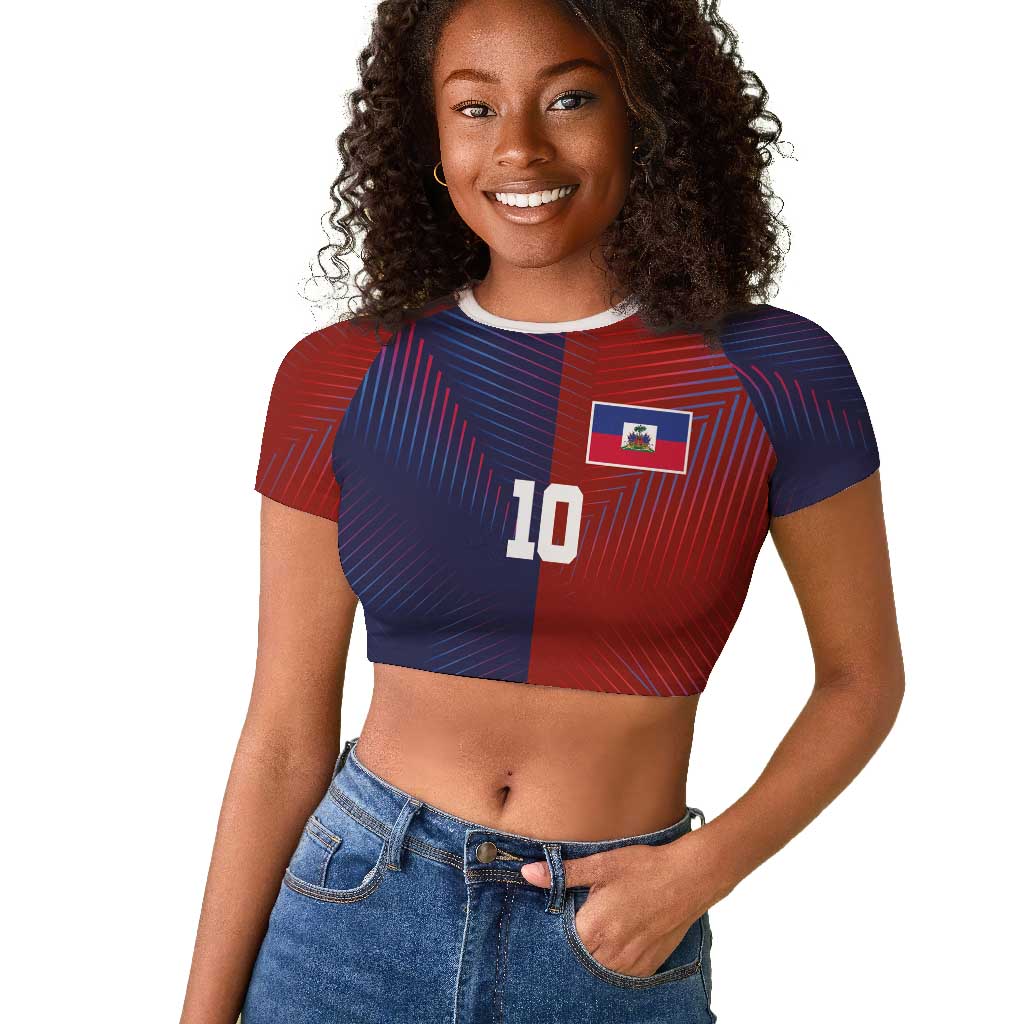 Custom Haiti National Football Raglan Cropped T shirt Red Blue The Half Sporty Design - Wonder Print Shop