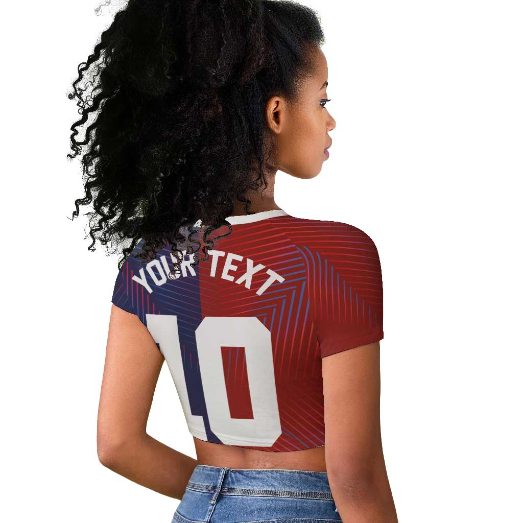 Custom Haiti National Football Raglan Cropped T shirt Red Blue The Half Sporty Design - Wonder Print Shop