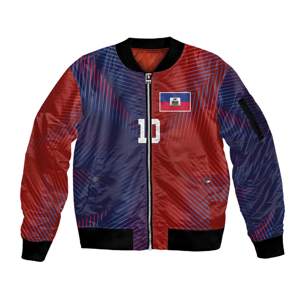Custom Haiti National Football Sleeve Zip Bomber Jacket Red Blue The Half Sporty Design - Wonder Print Shop