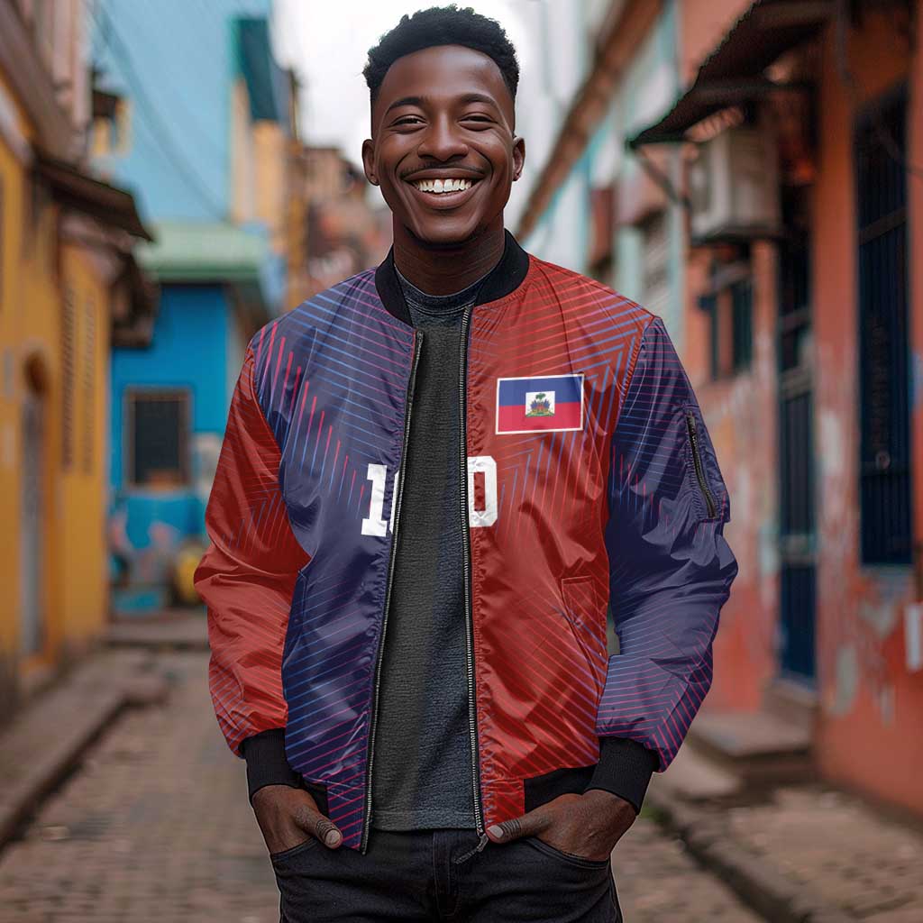 Custom Haiti National Football Sleeve Zip Bomber Jacket Red Blue The Half Sporty Design - Wonder Print Shop