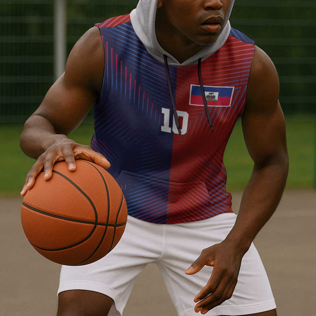 Custom Haiti National Football Sleeveless Hoodie Red Blue The Half Sporty Design - Wonder Print Shop