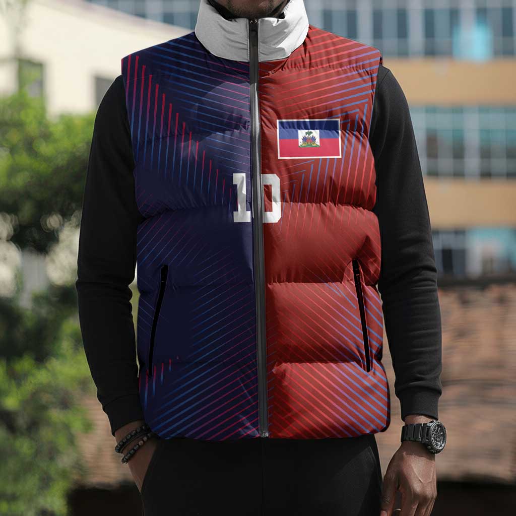Custom Haiti National Football Sleeveless Puffer Jacket Red Blue The Half Sporty Design - Wonder Print Shop