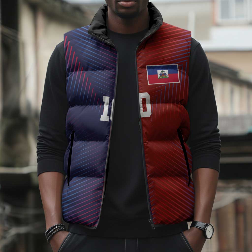 Custom Haiti National Football Sleeveless Puffer Jacket Red Blue The Half Sporty Design - Wonder Print Shop
