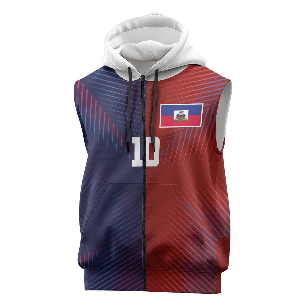 Custom Haiti National Football Sleeveless Zip Hoodie Red Blue The Half Sporty Design - Wonder Print Shop