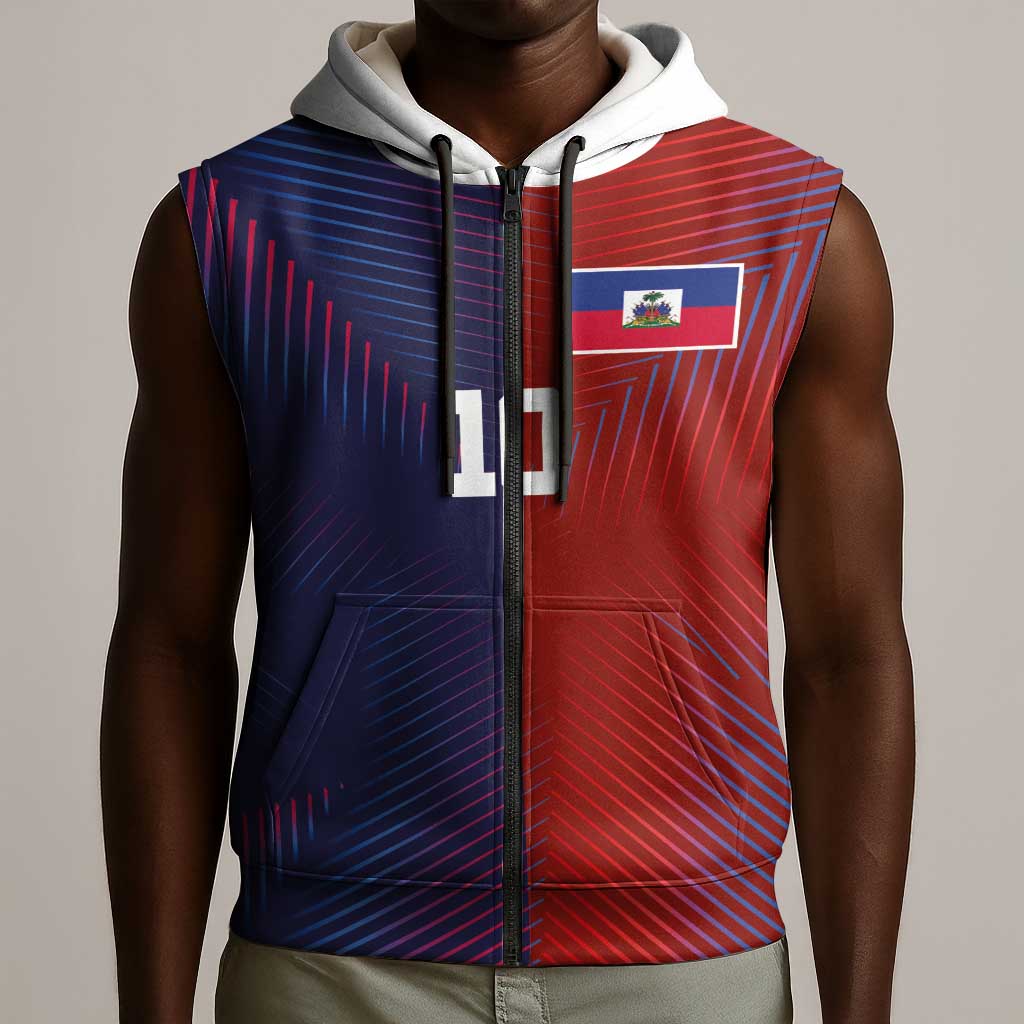 Custom Haiti National Football Sleeveless Zip Hoodie Red Blue The Half Sporty Design - Wonder Print Shop