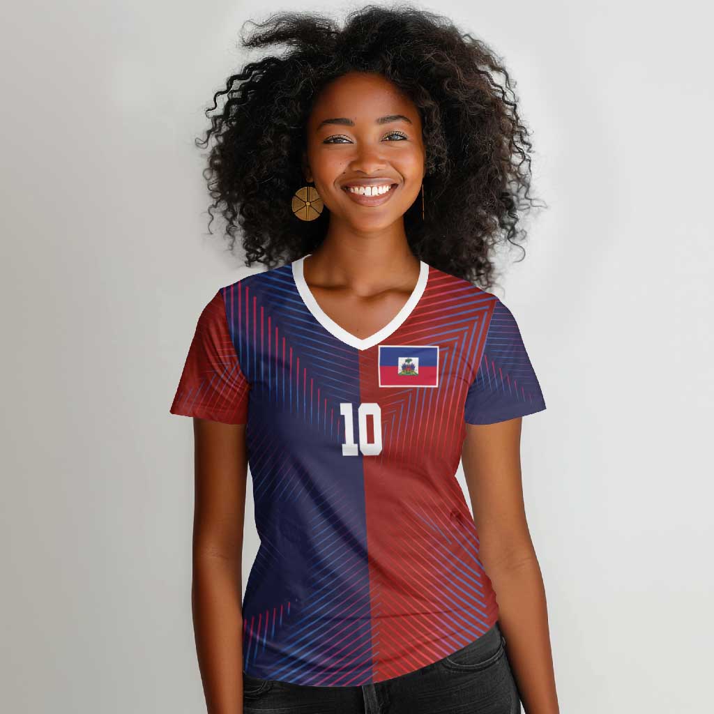 Custom Haiti National Football Women V-Neck T-Shirt Red Blue The Half Sporty Design - Wonder Print Shop