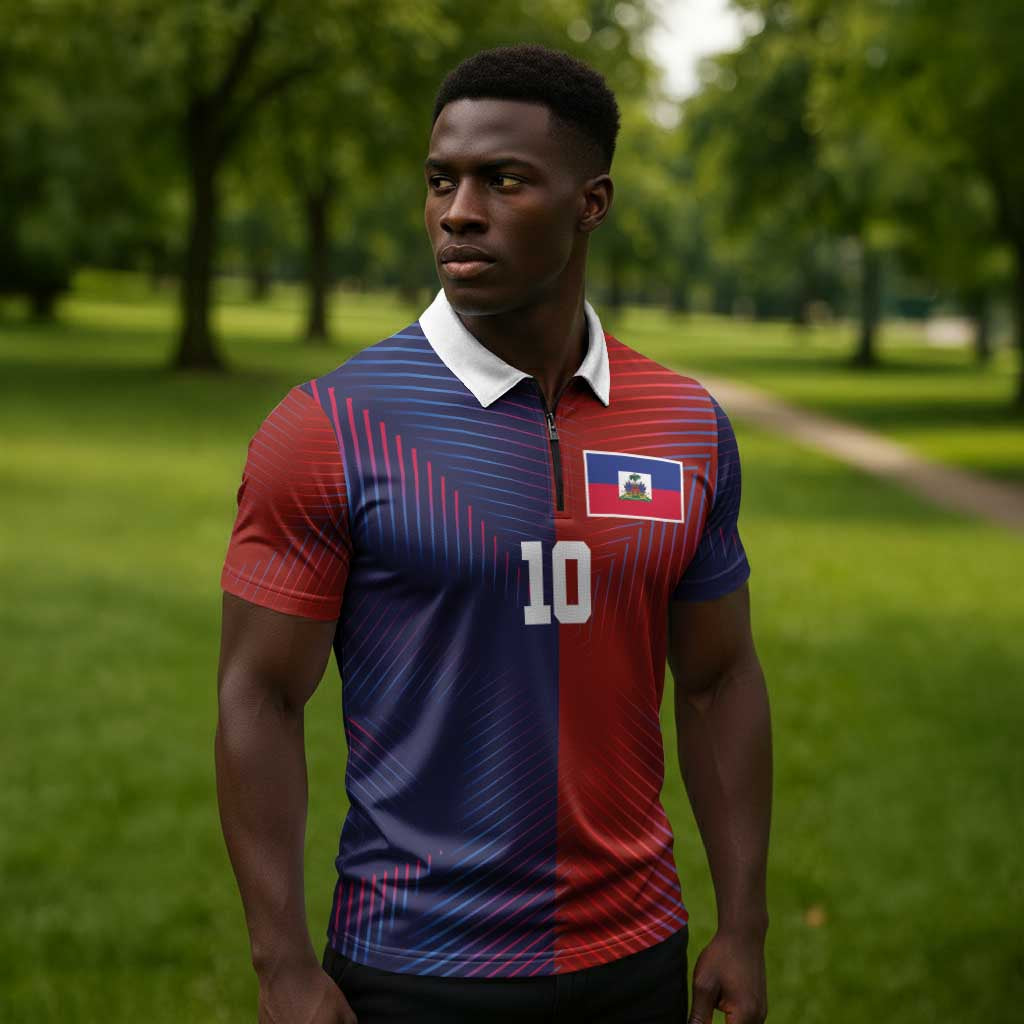 Custom Haiti National Football Zipper Polo Shirt Red Blue The Half Sporty Design - Wonder Print Shop