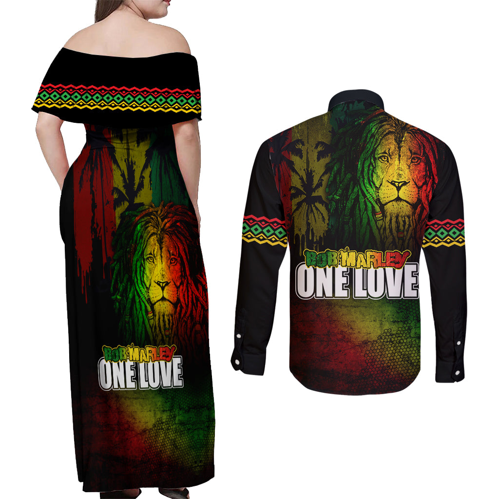 King of Reggae Couples Matching Off Shoulder Maxi Dress and Long Sleeve Button Shirt Jamaican Reggae One Love - Wonder Print Shop