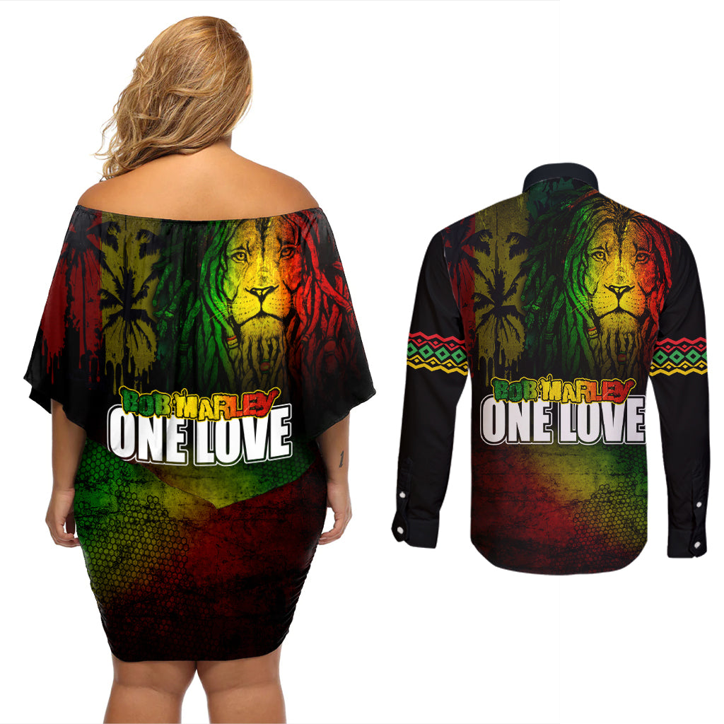 King of Reggae Couples Matching Off Shoulder Short Dress and Long Sleeve Button Shirt Jamaican Reggae One Love - Wonder Print Shop