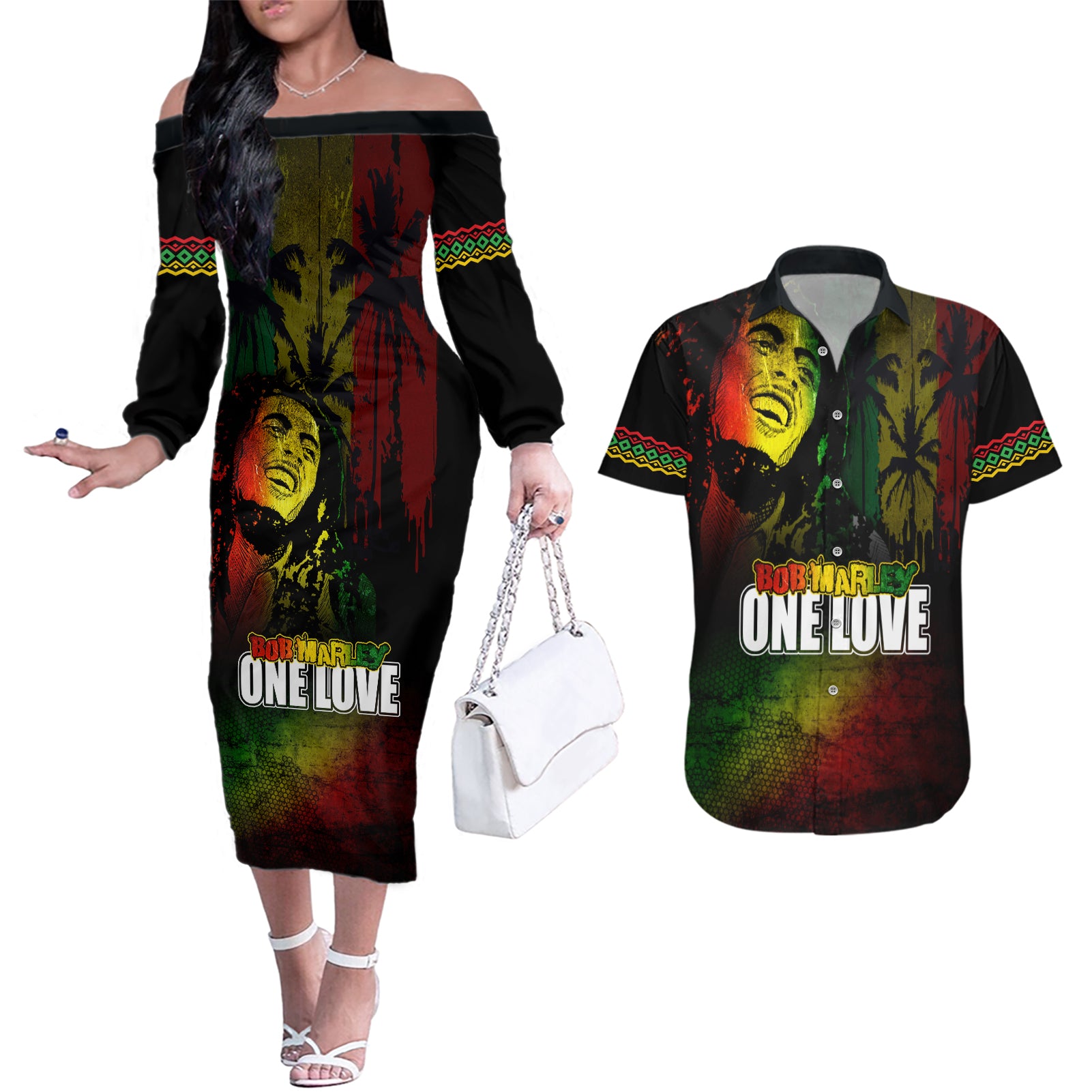 King of Reggae Couples Matching Off The Shoulder Long Sleeve Dress and Hawaiian Shirt Jamaican Reggae One Love - Wonder Print Shop