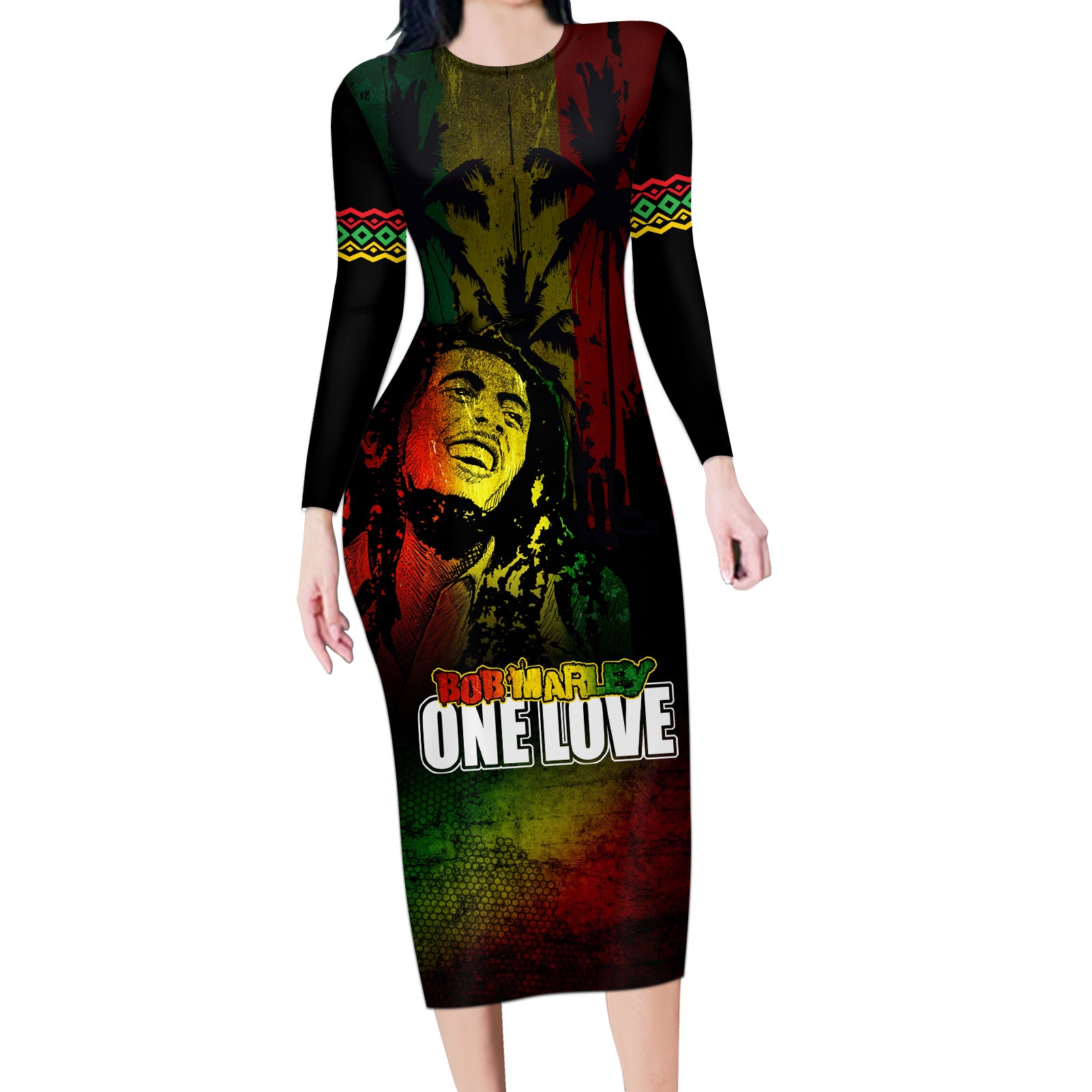 King of Reggae Long Sleeve Bodycon Dress Jamaican Reggae One Love - Wonder Print Shop