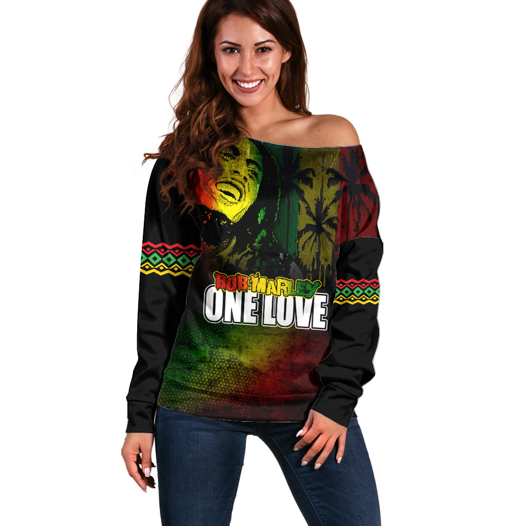 King of Reggae Off Shoulder Sweater Jamaican Reggae One Love - Wonder Print Shop