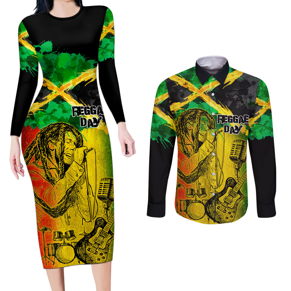 Jamaican Reggae Singer Couples Matching Long Sleeve Bodycon Dress and Long Sleeve Button Shirt B-Marley Reggae Grunge - Wonder Print Shop
