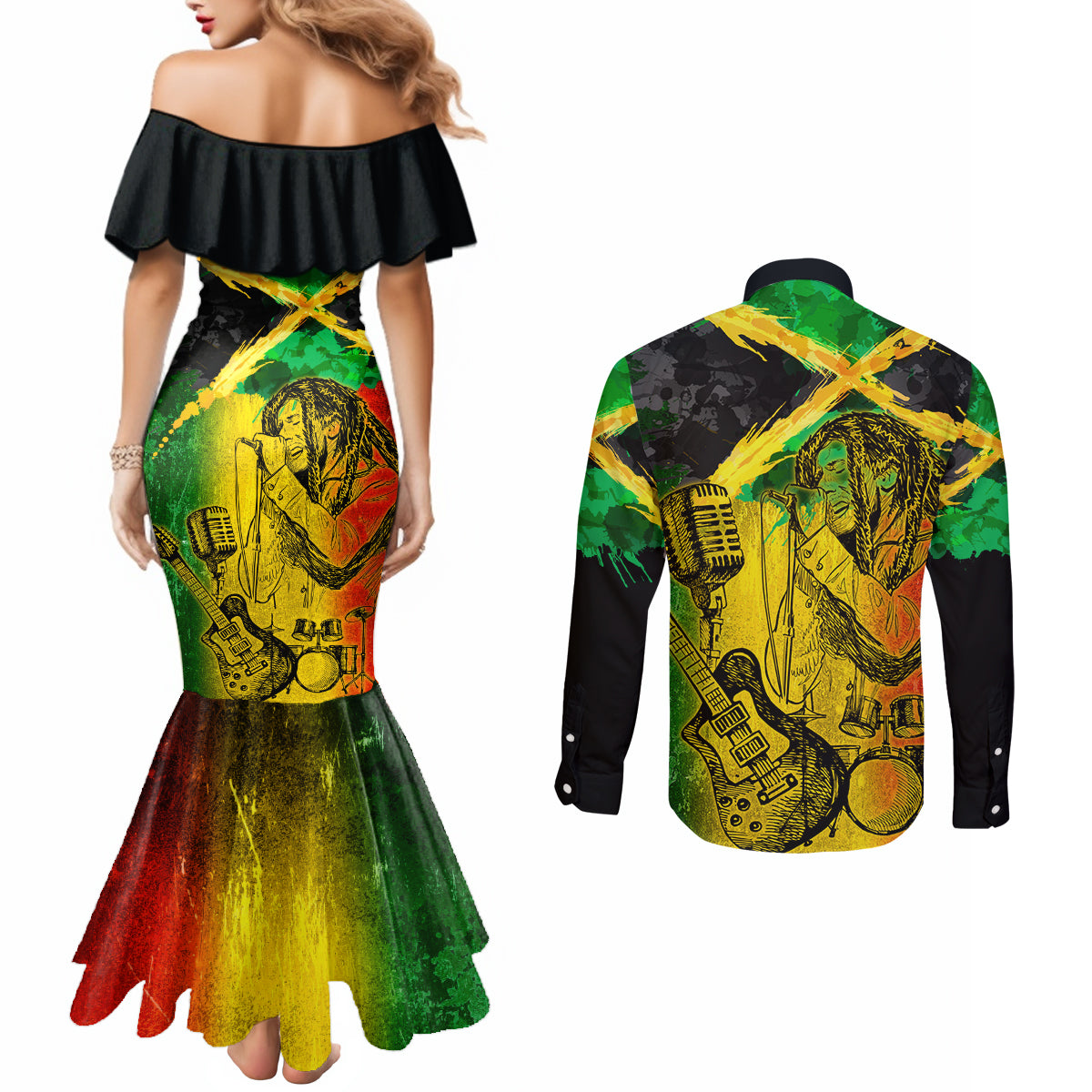 Jamaican Reggae Singer Couples Matching Mermaid Dress and Long Sleeve Button Shirt B-Marley Reggae Grunge