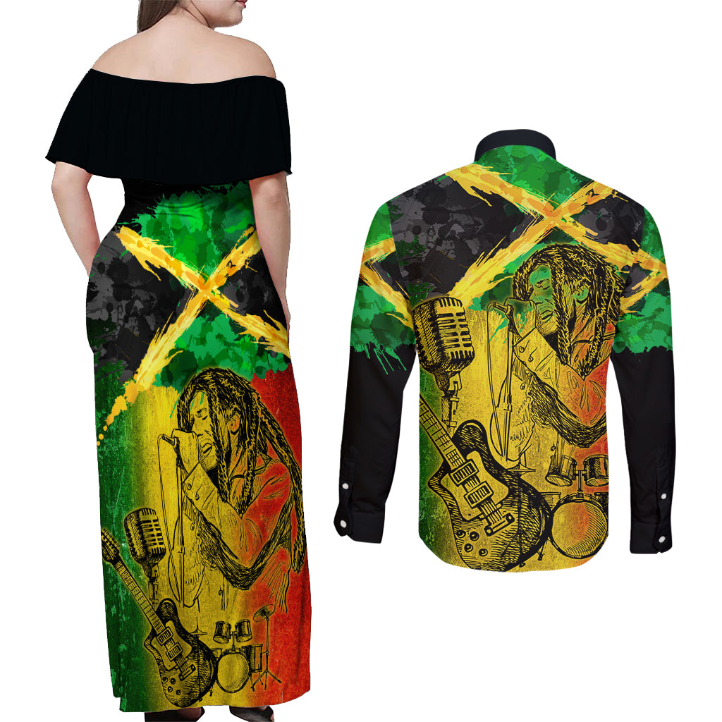 Jamaican Reggae Singer Couples Matching Off Shoulder Maxi Dress and Long Sleeve Button Shirt B-Marley Reggae Grunge - Wonder Print Shop