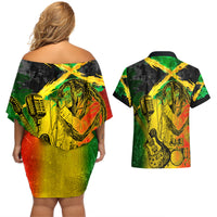 Jamaican Reggae Singer Couples Matching Off Shoulder Short Dress and Hawaiian Shirt B-Marley Reggae Grunge - Wonder Print Shop