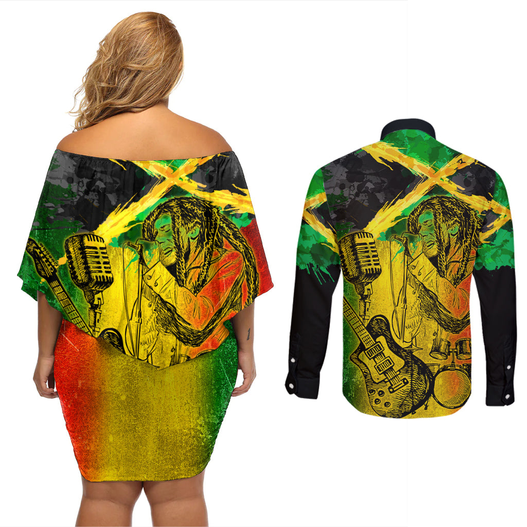 Jamaican Reggae Singer Couples Matching Off Shoulder Short Dress and Long Sleeve Button Shirt B-Marley Reggae Grunge - Wonder Print Shop
