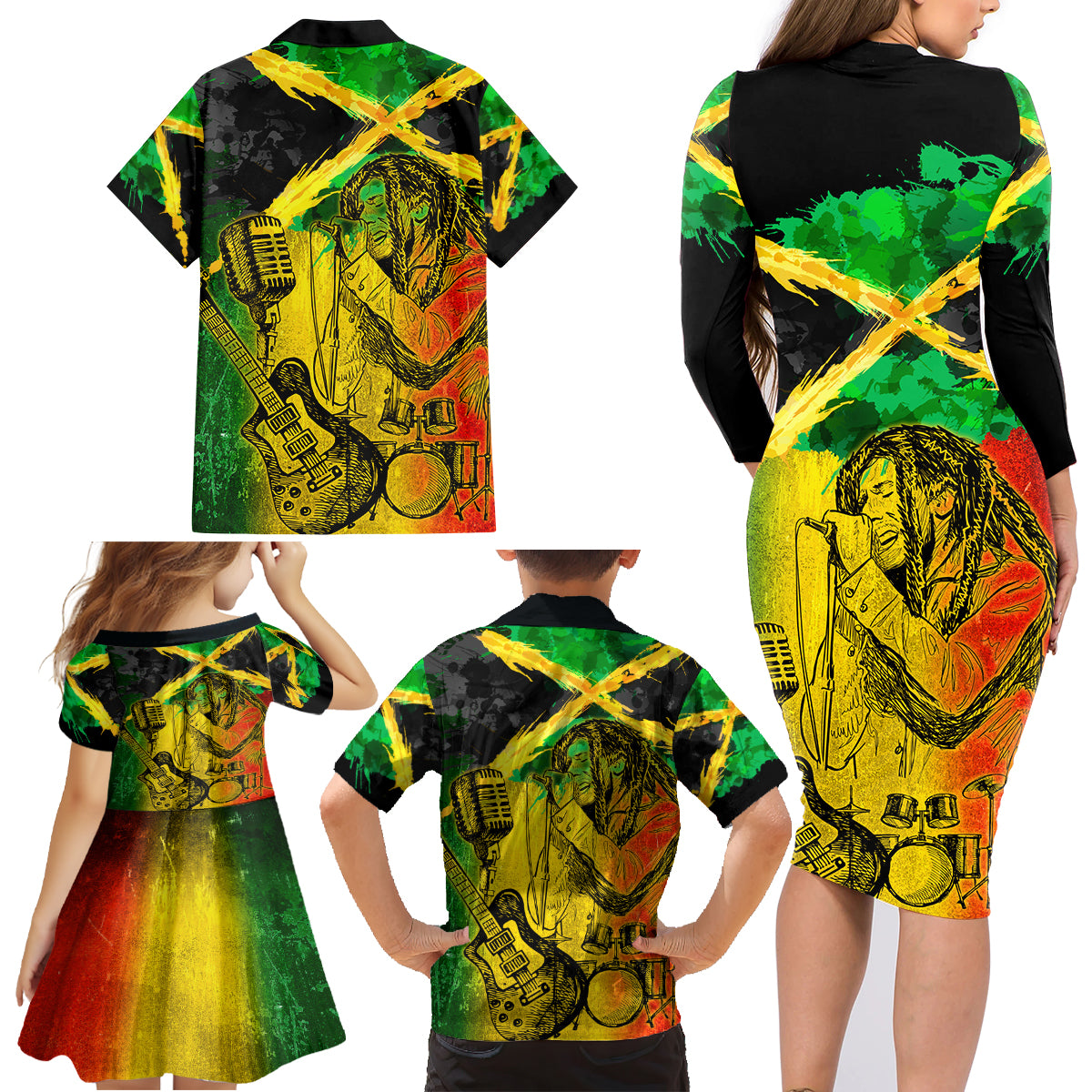 Jamaican Reggae Singer Family Matching Long Sleeve Bodycon Dress and Hawaiian Shirt B-Marley Reggae Grunge - Wonder Print Shop