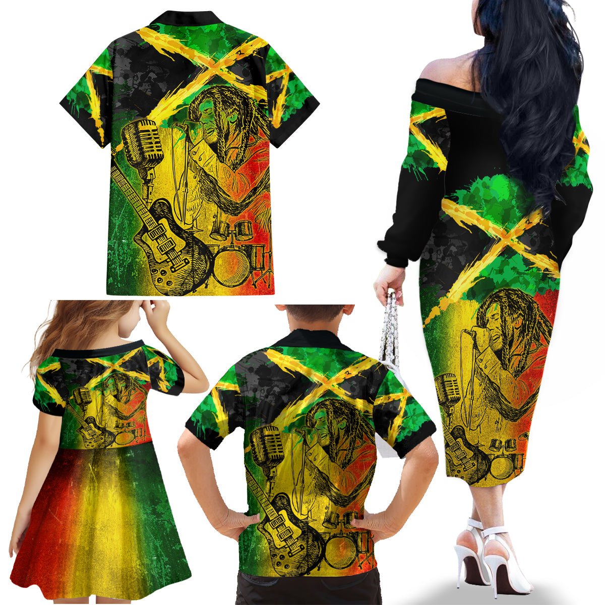 Jamaican Reggae Singer Family Matching Off The Shoulder Long Sleeve Dress and Hawaiian Shirt B-Marley Reggae Grunge - Wonder Print Shop