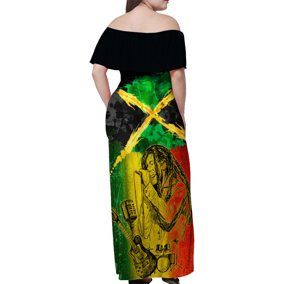 Jamaican Reggae Singer Family Matching Off Shoulder Maxi Dress and Hawaiian Shirt B-Marley Reggae Grunge - Wonder Print Shop