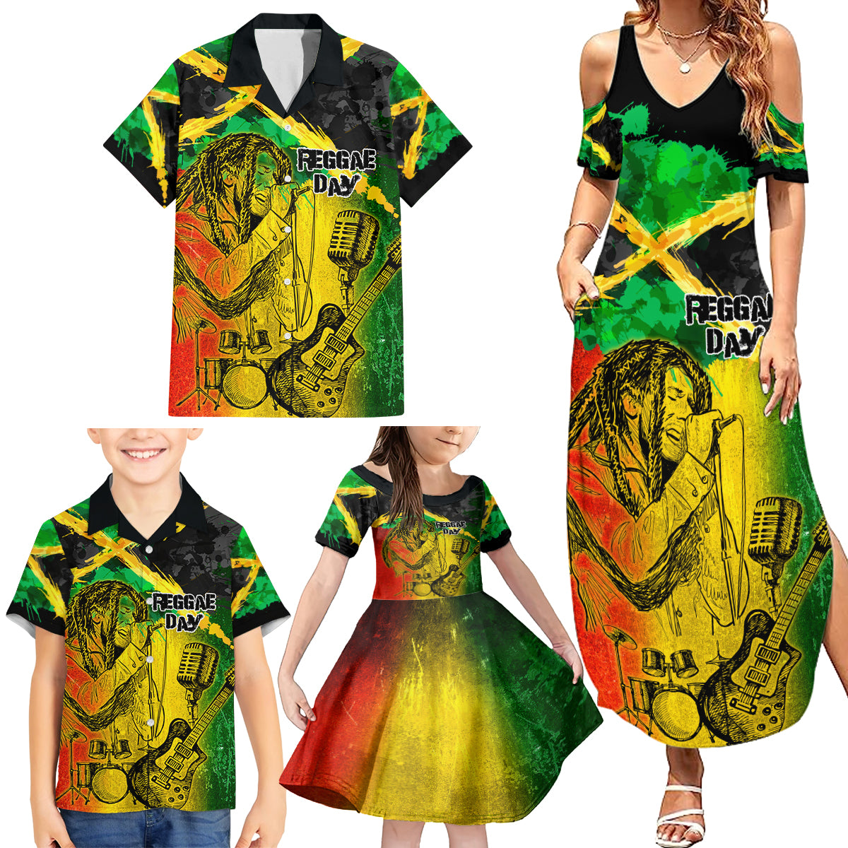 Jamaican Reggae Singer Family Matching Summer Maxi Dress and Hawaiian Shirt B-Marley Reggae Grunge - Wonder Print Shop