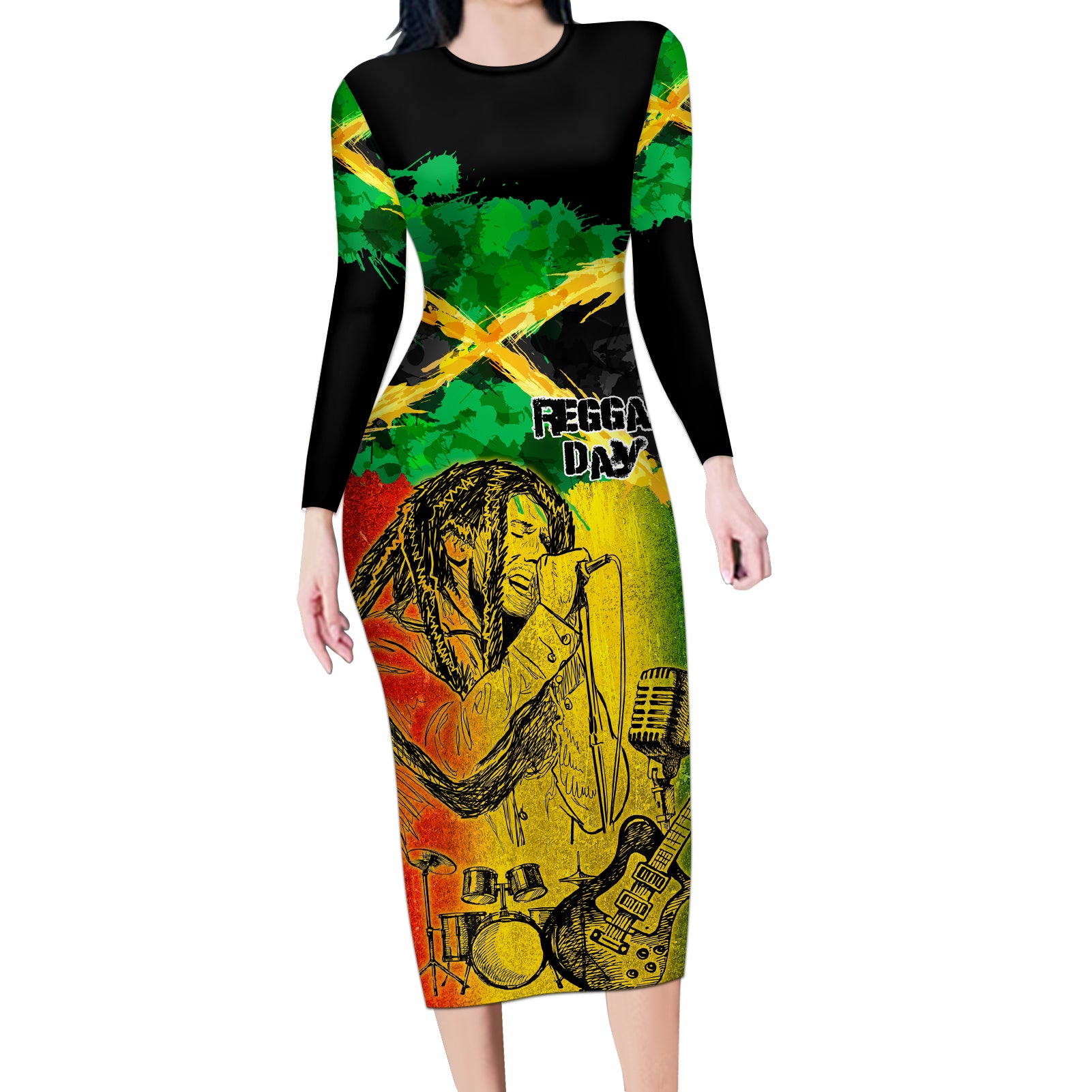Jamaican Reggae Singer Long Sleeve Bodycon Dress B-Marley Reggae Grunge - Wonder Print Shop