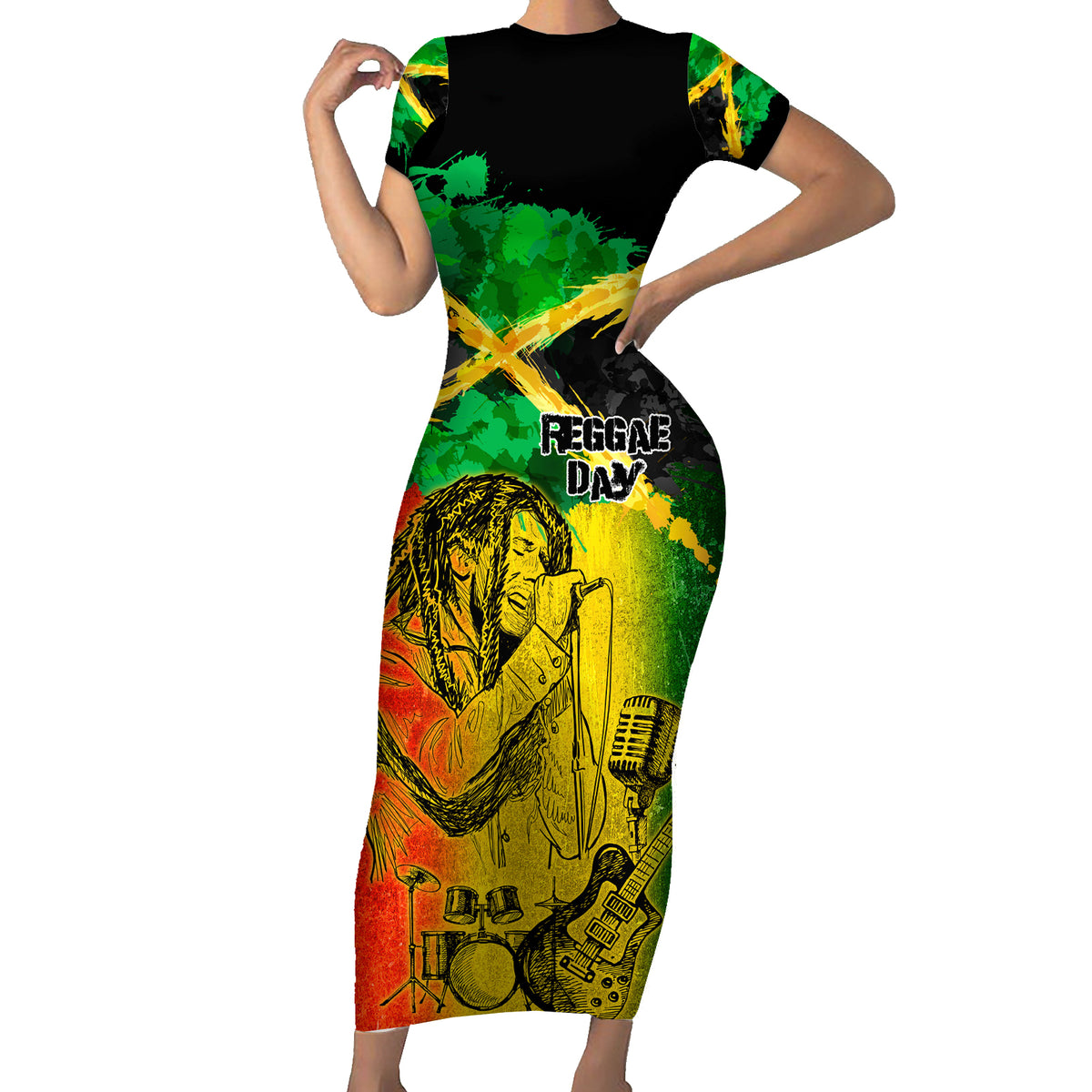 Jamaican Reggae Singer Short Sleeve Bodycon Dress B-Marley Reggae Grunge - Wonder Print Shop