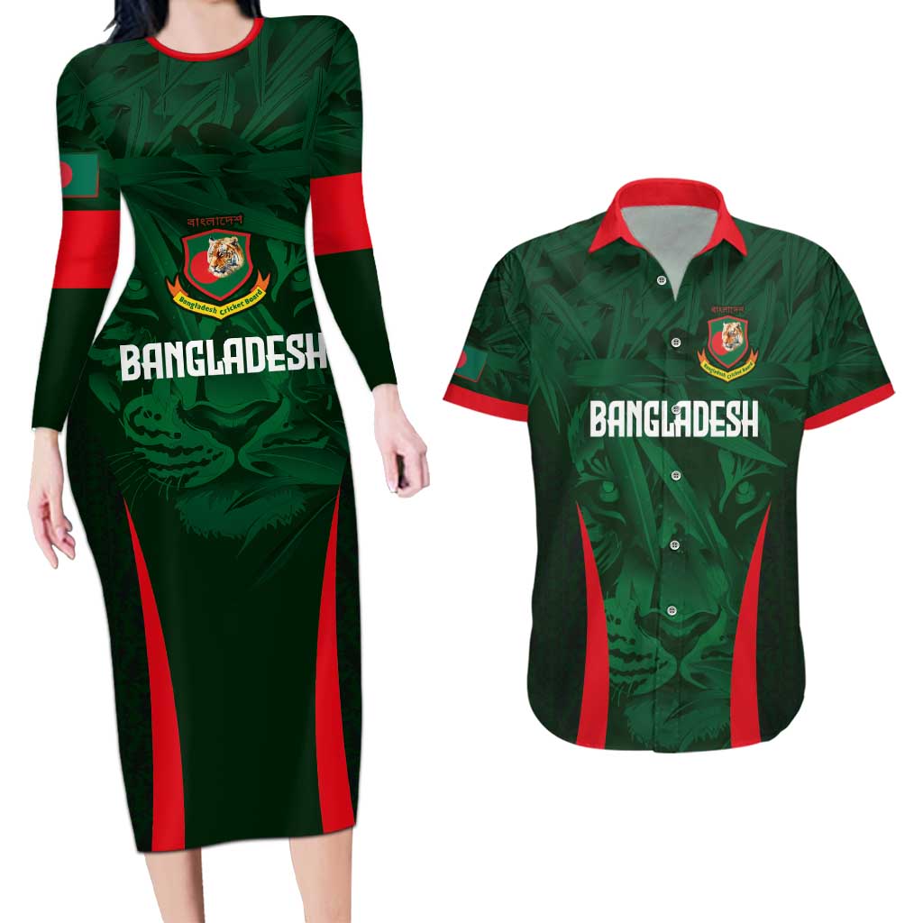 Custom Bangladesh Cricket Couples Matching Long Sleeve Bodycon Dress and Hawaiian Shirt The Tigers Green-Red Glory