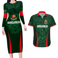 Custom Bangladesh Cricket Couples Matching Long Sleeve Bodycon Dress and Hawaiian Shirt The Tigers Green-Red Glory