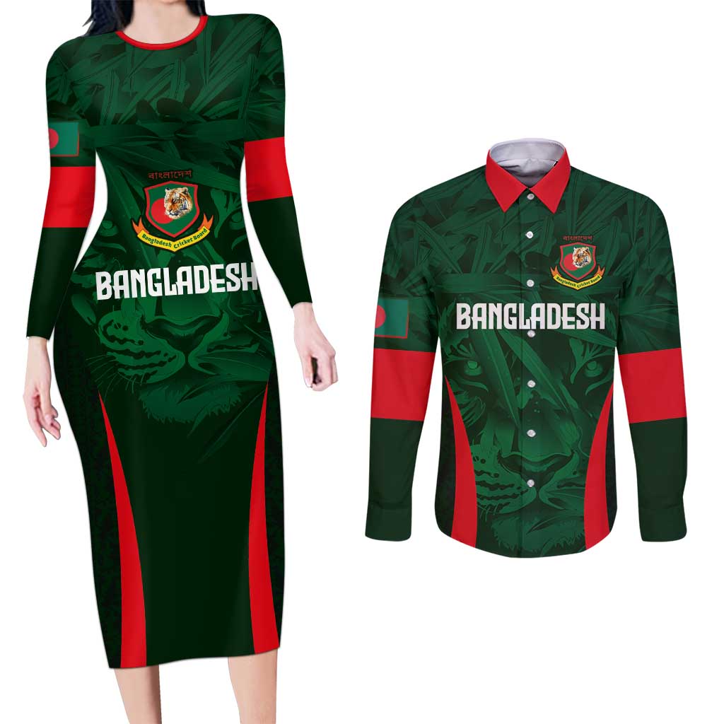 Custom Bangladesh Cricket Couples Matching Long Sleeve Bodycon Dress and Long Sleeve Button Shirt The Tigers Green-Red Glory
