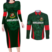 Custom Bangladesh Cricket Couples Matching Long Sleeve Bodycon Dress and Long Sleeve Button Shirt The Tigers Green-Red Glory