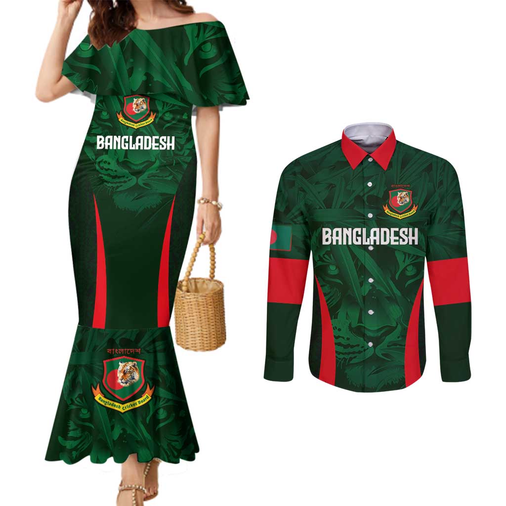 Custom Bangladesh Cricket Couples Matching Mermaid Dress and Long Sleeve Button Shirt The Tigers Green-Red Glory
