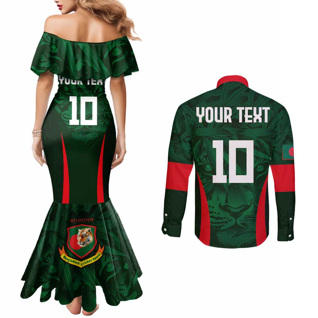 Custom Bangladesh Cricket Couples Matching Mermaid Dress and Long Sleeve Button Shirt The Tigers Green-Red Glory