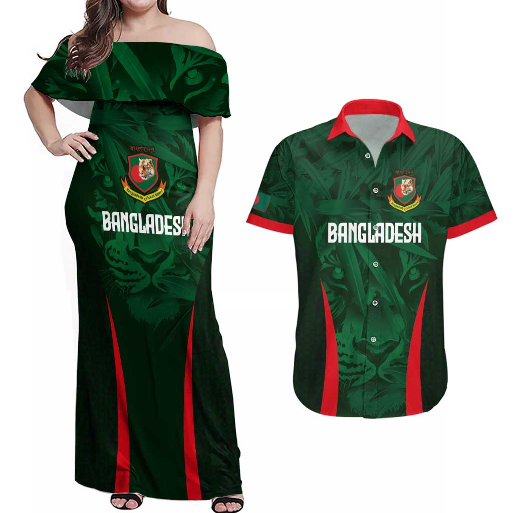 Custom Bangladesh Cricket Couples Matching Off Shoulder Maxi Dress and Hawaiian Shirt The Tigers Green-Red Glory