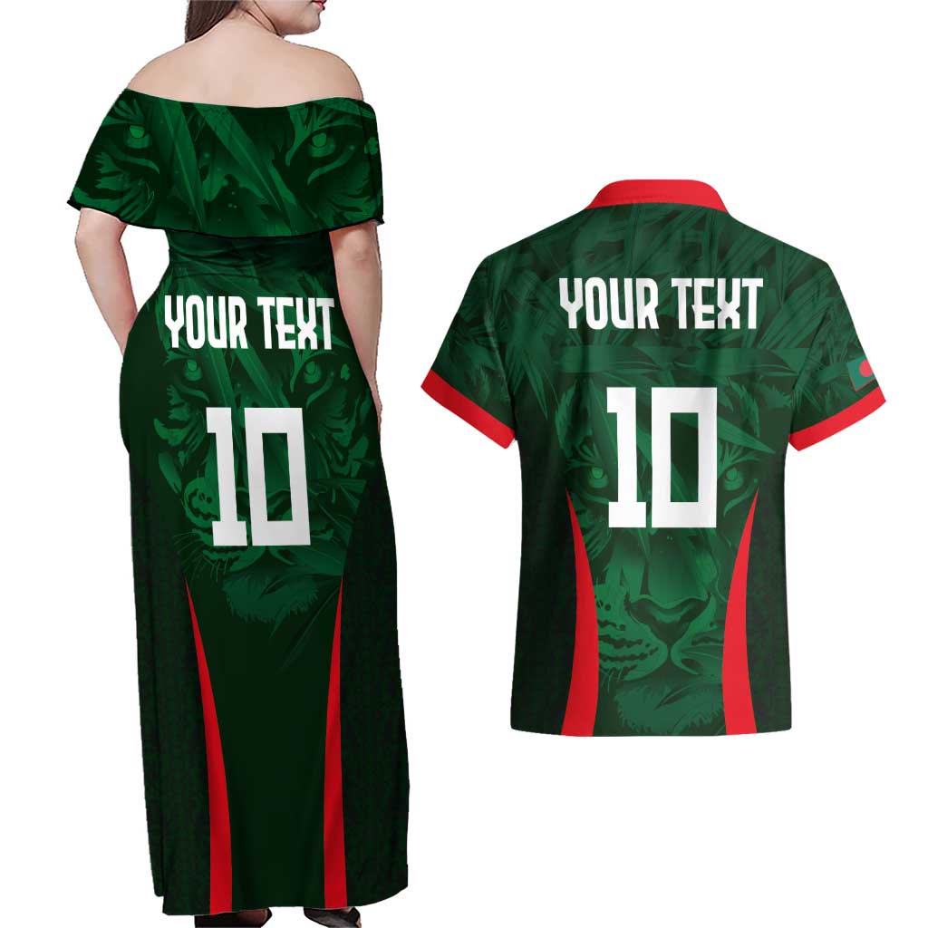 Custom Bangladesh Cricket Couples Matching Off Shoulder Maxi Dress and Hawaiian Shirt The Tigers Green-Red Glory