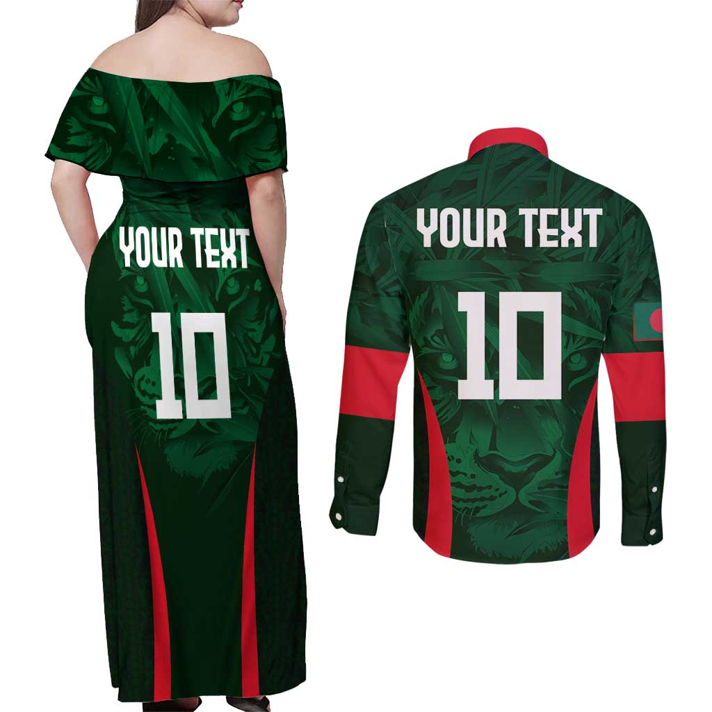 Custom Bangladesh Cricket Couples Matching Off Shoulder Maxi Dress and Long Sleeve Button Shirt The Tigers Green-Red Glory