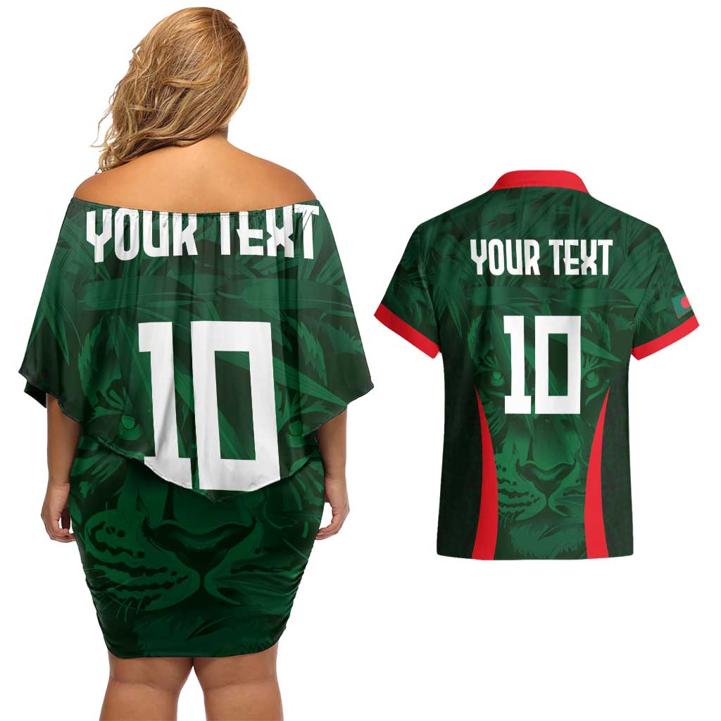Custom Bangladesh Cricket Couples Matching Off Shoulder Short Dress and Hawaiian Shirt The Tigers Green-Red Glory