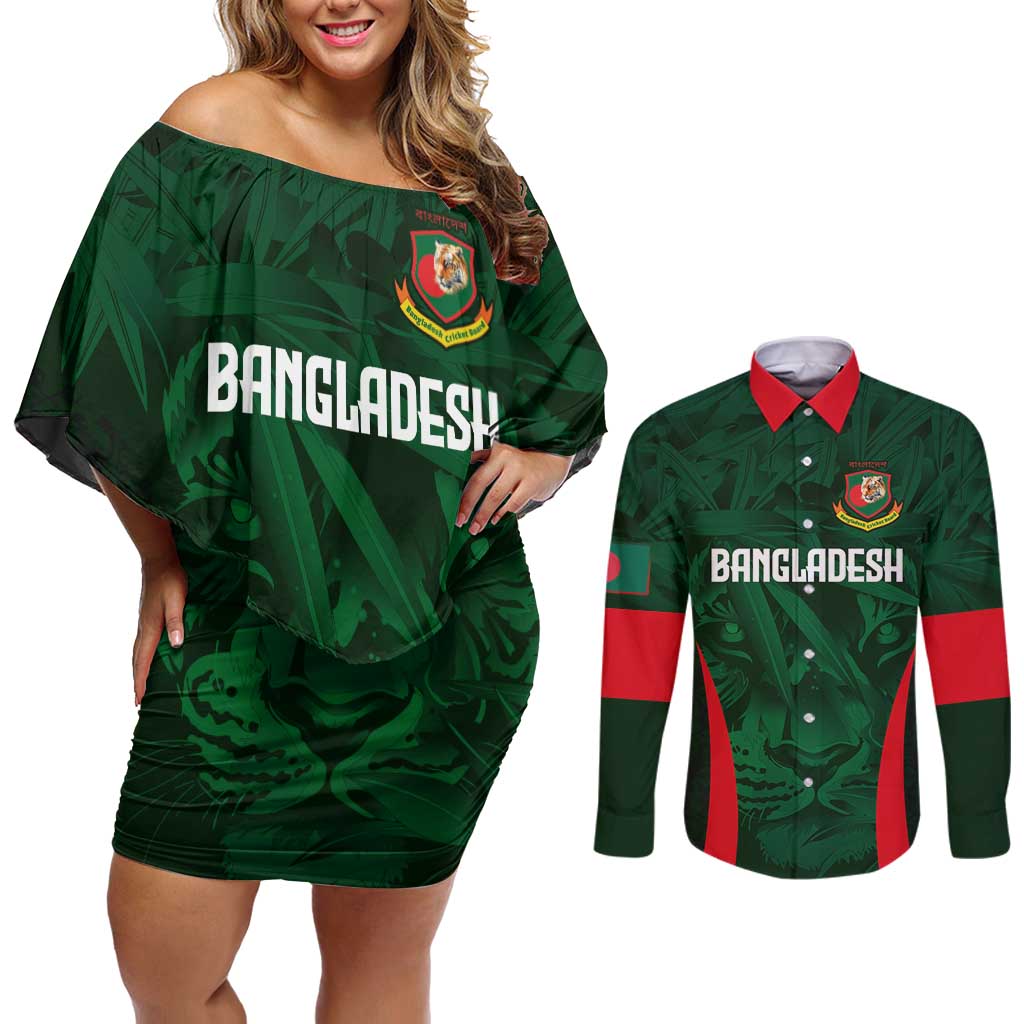 Custom Bangladesh Cricket Couples Matching Off Shoulder Short Dress and Long Sleeve Button Shirt The Tigers Green-Red Glory