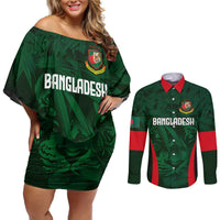 Custom Bangladesh Cricket Couples Matching Off Shoulder Short Dress and Long Sleeve Button Shirt The Tigers Green-Red Glory