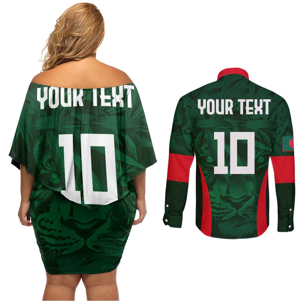 Custom Bangladesh Cricket Couples Matching Off Shoulder Short Dress and Long Sleeve Button Shirt The Tigers Green-Red Glory
