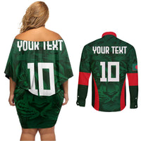 Custom Bangladesh Cricket Couples Matching Off Shoulder Short Dress and Long Sleeve Button Shirt The Tigers Green-Red Glory