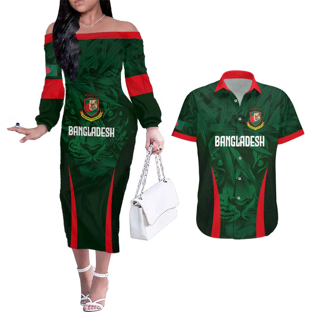 Custom Bangladesh Cricket Couples Matching Off The Shoulder Long Sleeve Dress and Hawaiian Shirt The Tigers Green-Red Glory