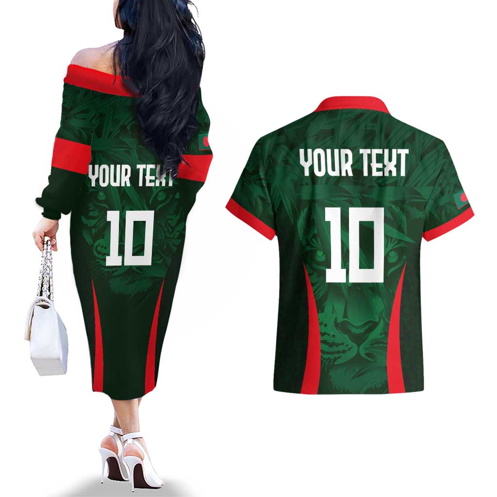 Custom Bangladesh Cricket Couples Matching Off The Shoulder Long Sleeve Dress and Hawaiian Shirt The Tigers Green-Red Glory