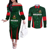Custom Bangladesh Cricket Couples Matching Off The Shoulder Long Sleeve Dress and Long Sleeve Button Shirt The Tigers Green-Red Glory