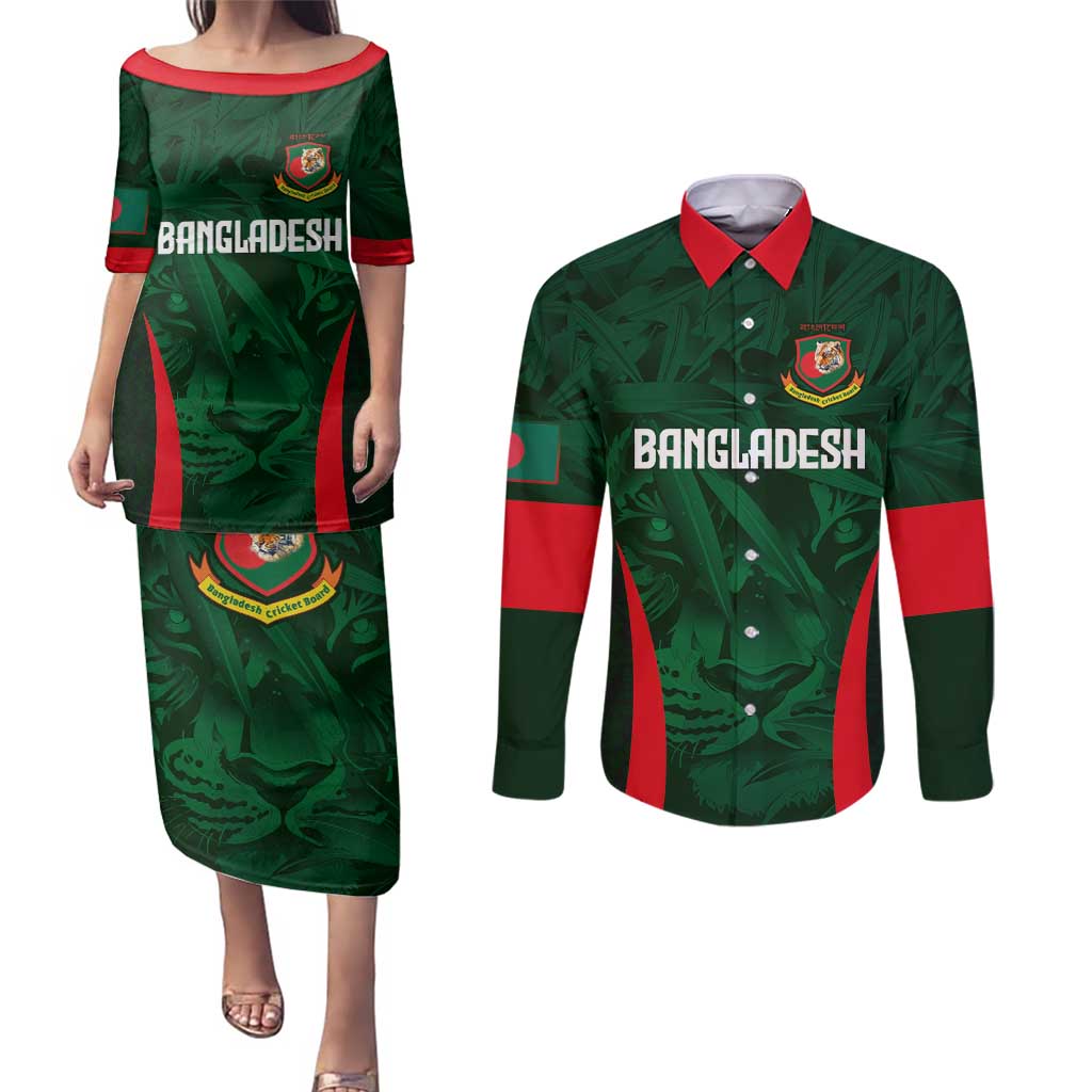 Custom Bangladesh Cricket Couples Matching Puletasi and Long Sleeve Button Shirt The Tigers Green-Red Glory